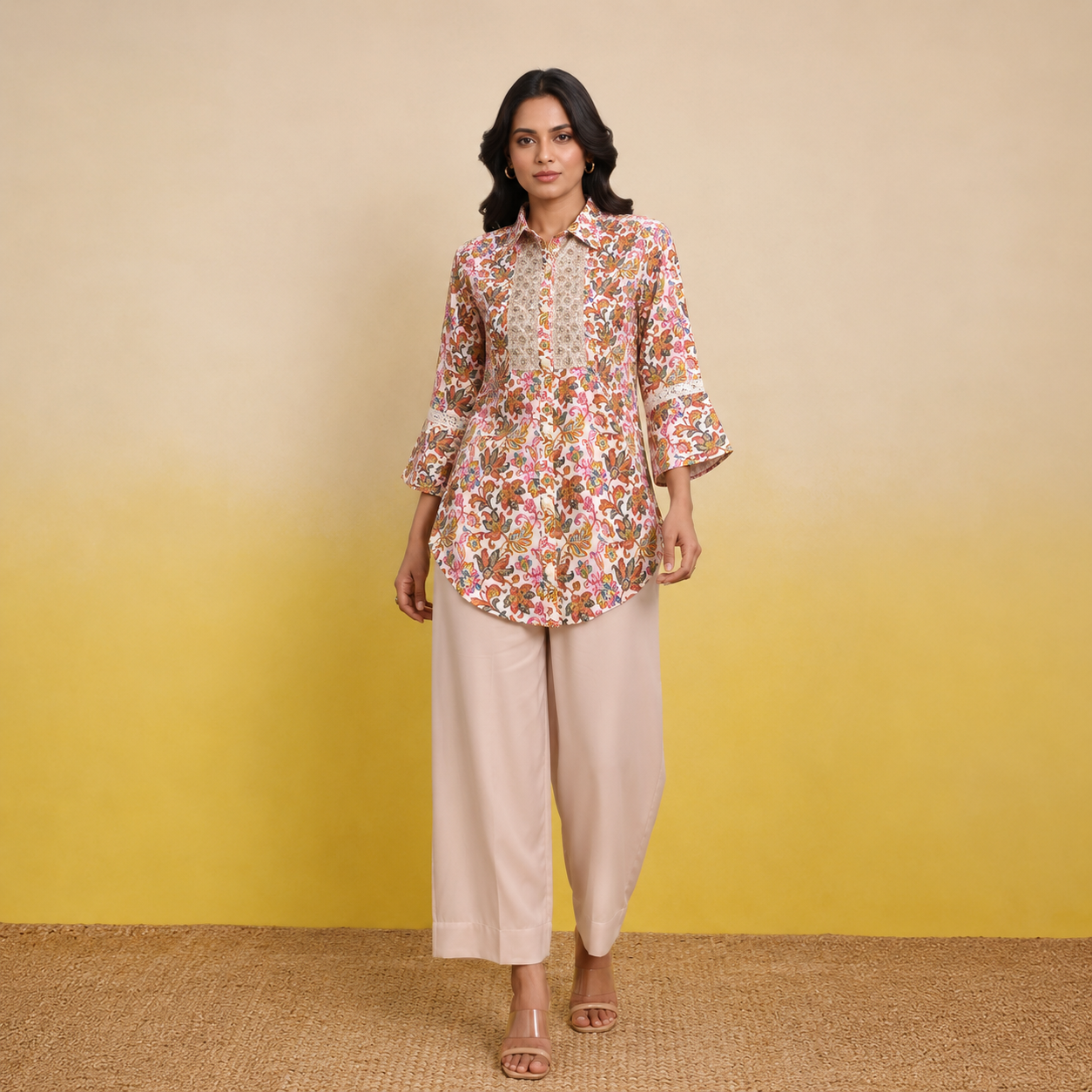Floral Printed Cord Set With Beige Pants